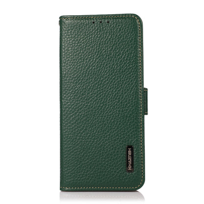 ELECTROPRIME For iPhone 15 Plus KHAZNEH Side-Magnetic Litchi Genuine Leather RFID Phone Case(Green)