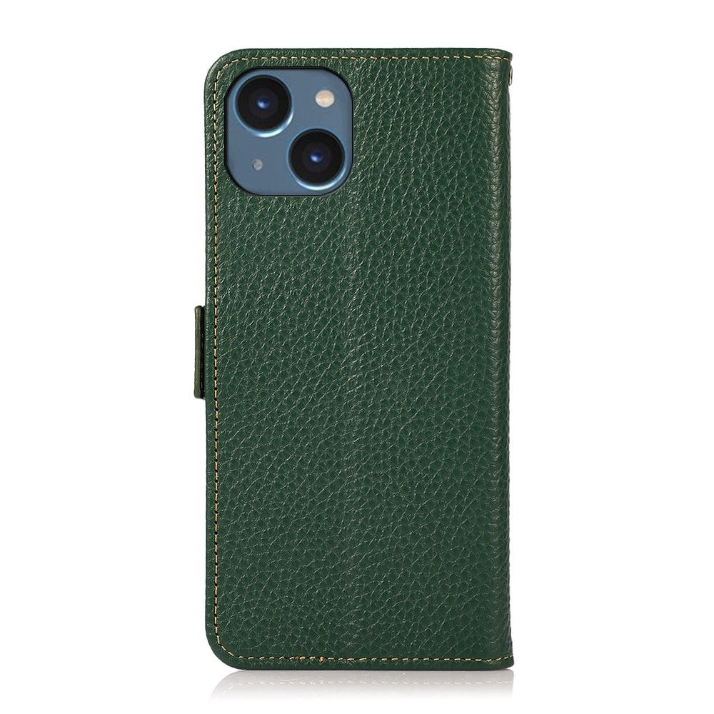 ELECTROPRIME For iPhone 15 Plus KHAZNEH Side-Magnetic Litchi Genuine Leather RFID Phone Case(Green)