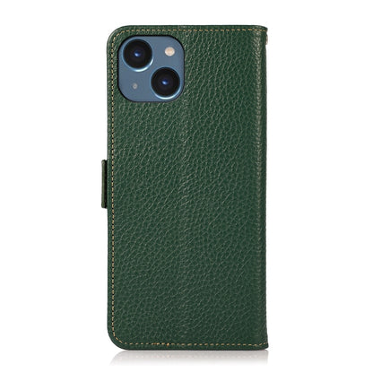 ELECTROPRIME For iPhone 15 Plus KHAZNEH Side-Magnetic Litchi Genuine Leather RFID Phone Case(Green)