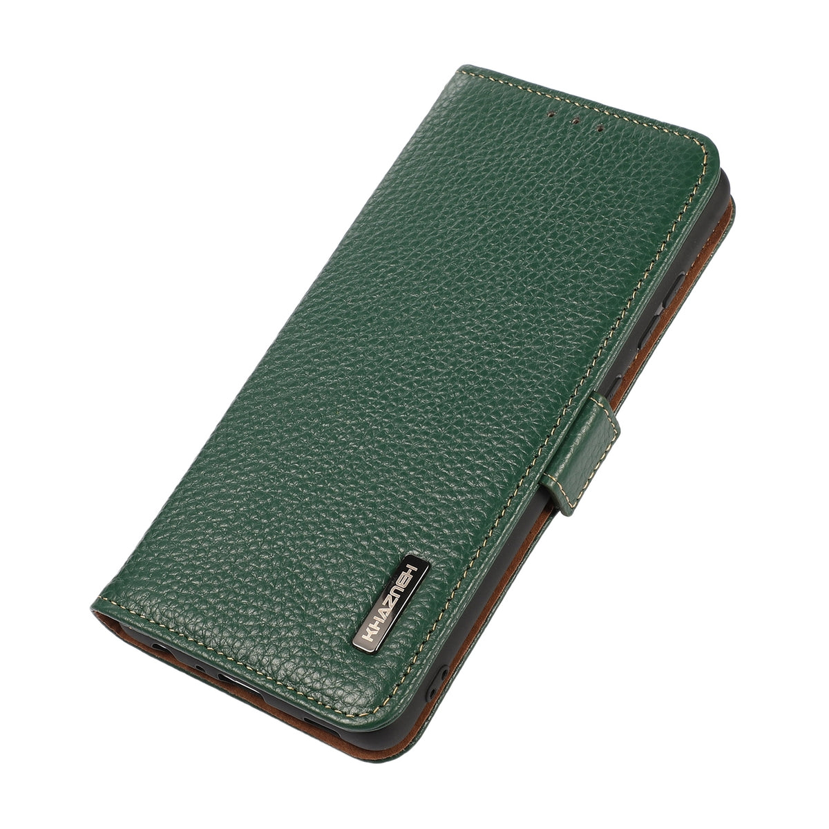 ELECTROPRIME For iPhone 15 Plus KHAZNEH Side-Magnetic Litchi Genuine Leather RFID Phone Case(Green)