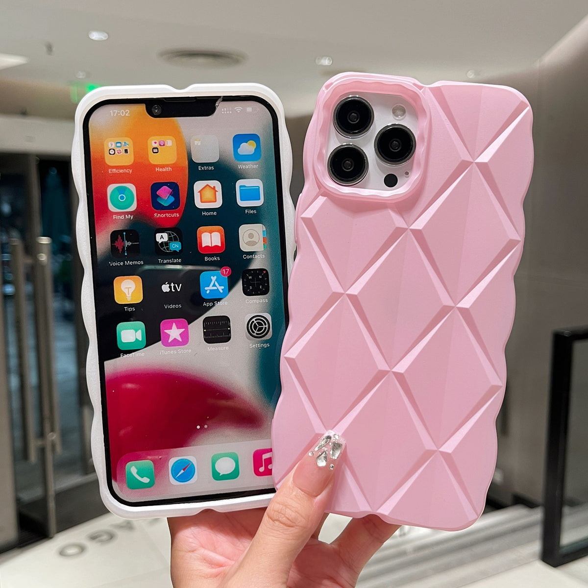 ELECTROPRIME For iPhone 15 Plus Metallic Paint Diamond Lattice Skin Feel Full Coverage Shockproof Phone Case(Pink)