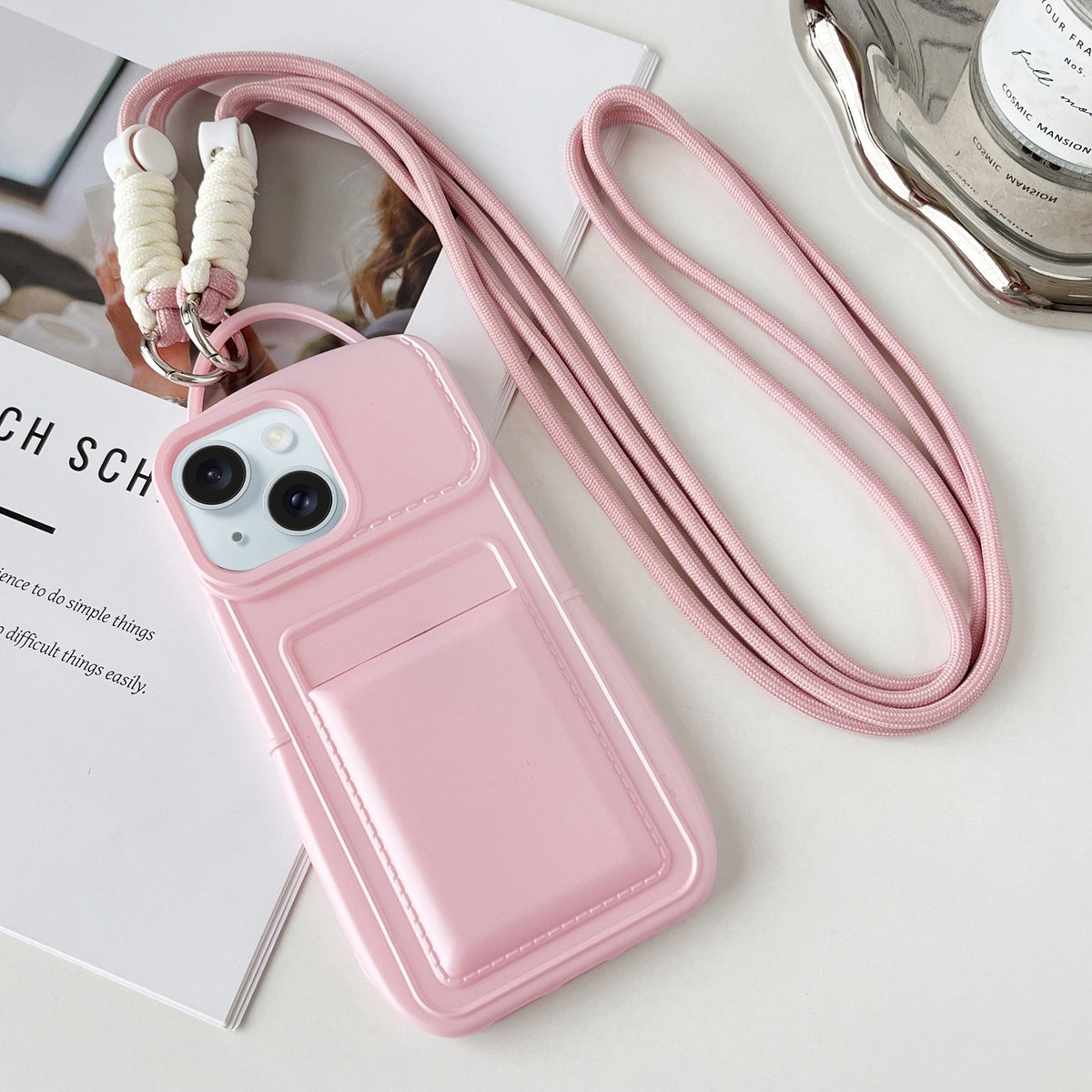 ELECTROPRIME For iPhone 15 Plus Metallic Paint Skin Feel Full Coverage Shockproof Phone Case with Card Bag + Lanyard(Pink)