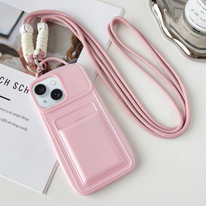 ELECTROPRIME For iPhone 15 Plus Metallic Paint Skin Feel Full Coverage Shockproof Phone Case with Card Bag + Lanyard(Pink)