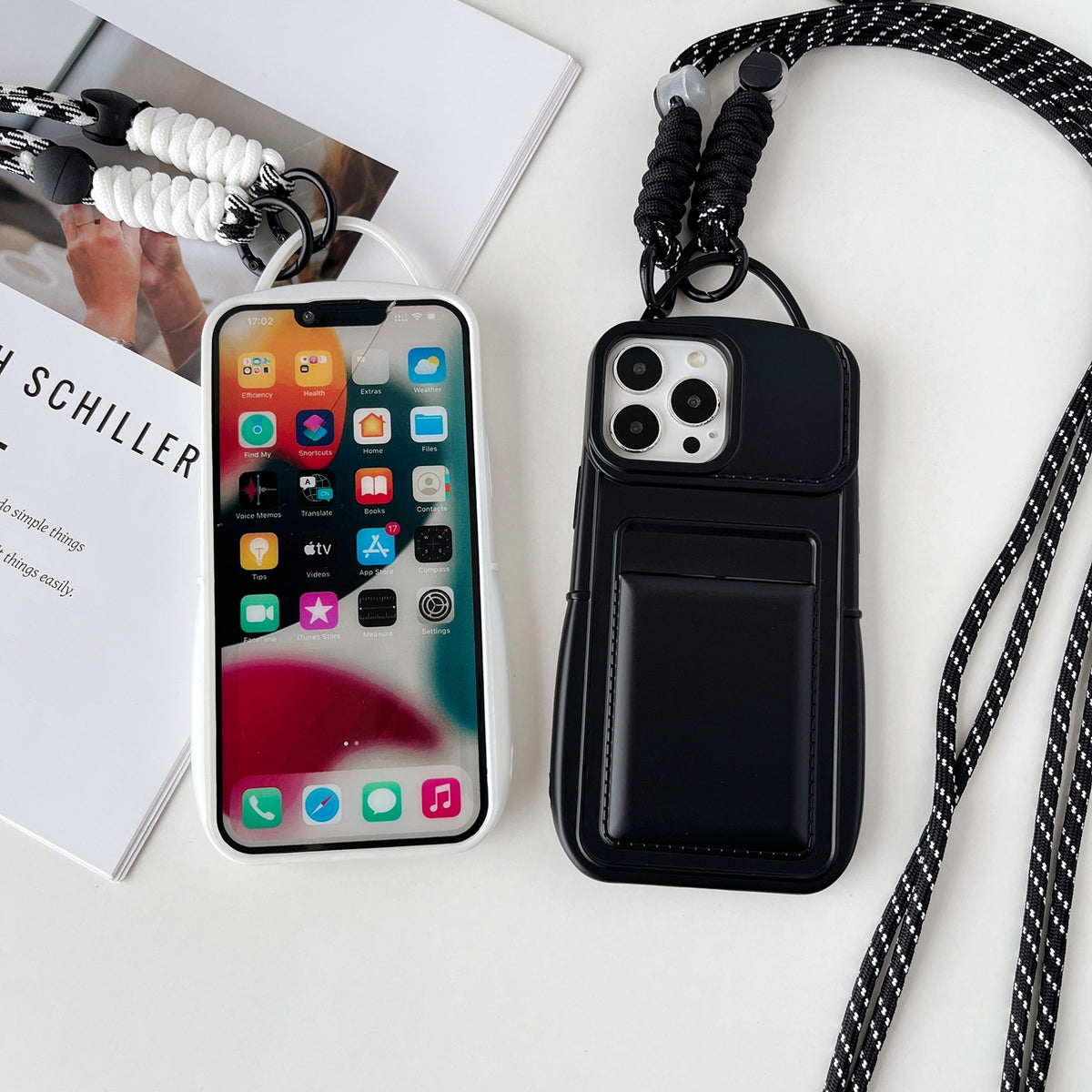 ELECTROPRIME For iPhone 15 Plus Metallic Paint Skin Feel Full Coverage Shockproof Phone Case with Card Bag + Lanyard(Pink)