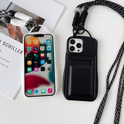 ELECTROPRIME For iPhone 15 Plus Metallic Paint Skin Feel Full Coverage Shockproof Phone Case with Card Bag + Lanyard(Pink)