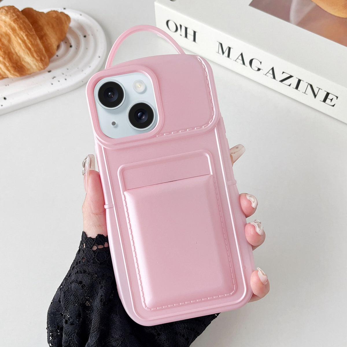 ELECTROPRIME For iPhone 15 Metallic Paint Skin Feel Full Coverage Shockproof Phone Case with Card Bag(Pink)