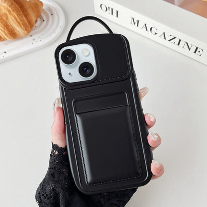 ELECTROPRIME For iPhone 15 Plus Metallic Paint Skin Feel Full Coverage Shockproof Phone Case with Card Bag(Black)