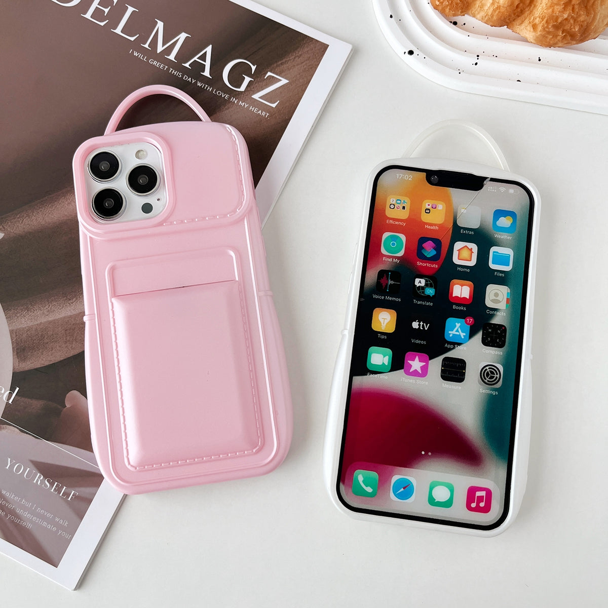 ELECTROPRIME For iPhone 15 Metallic Paint Skin Feel Full Coverage Shockproof Phone Case with Card Bag(Pink)