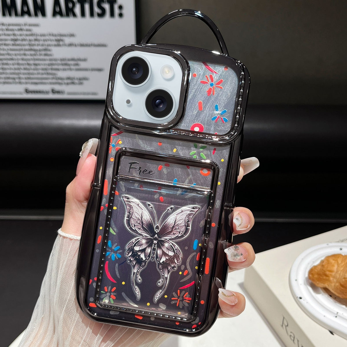 ELECTROPRIME For iPhone 15 Plus Electroplated Card Slot Laser Butterfly Cardboard TPU Phone Case(Black)