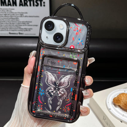 ELECTROPRIME For iPhone 15 Plus Electroplated Card Slot Laser Butterfly Cardboard TPU Phone Case(Black)