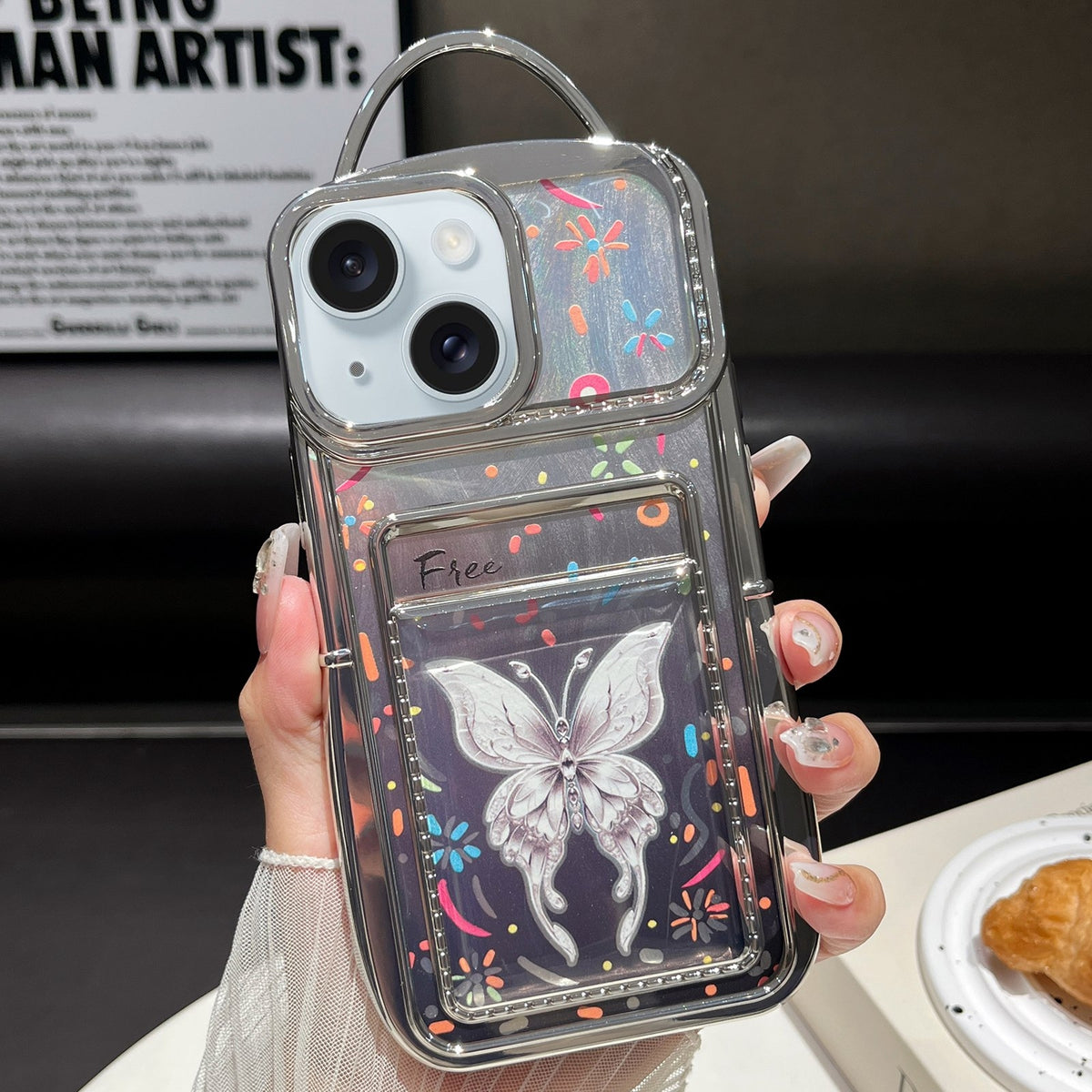 ELECTROPRIME For iPhone 15 Electroplated Card Slot Laser Butterfly Cardboard TPU Phone Case(Silver)