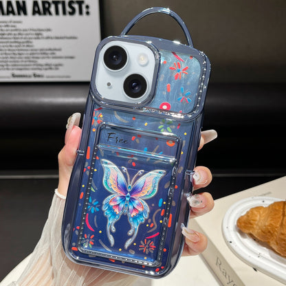 ELECTROPRIME For iPhone 15 Electroplated Card Slot Laser Butterfly Cardboard TPU Phone Case(Blue)