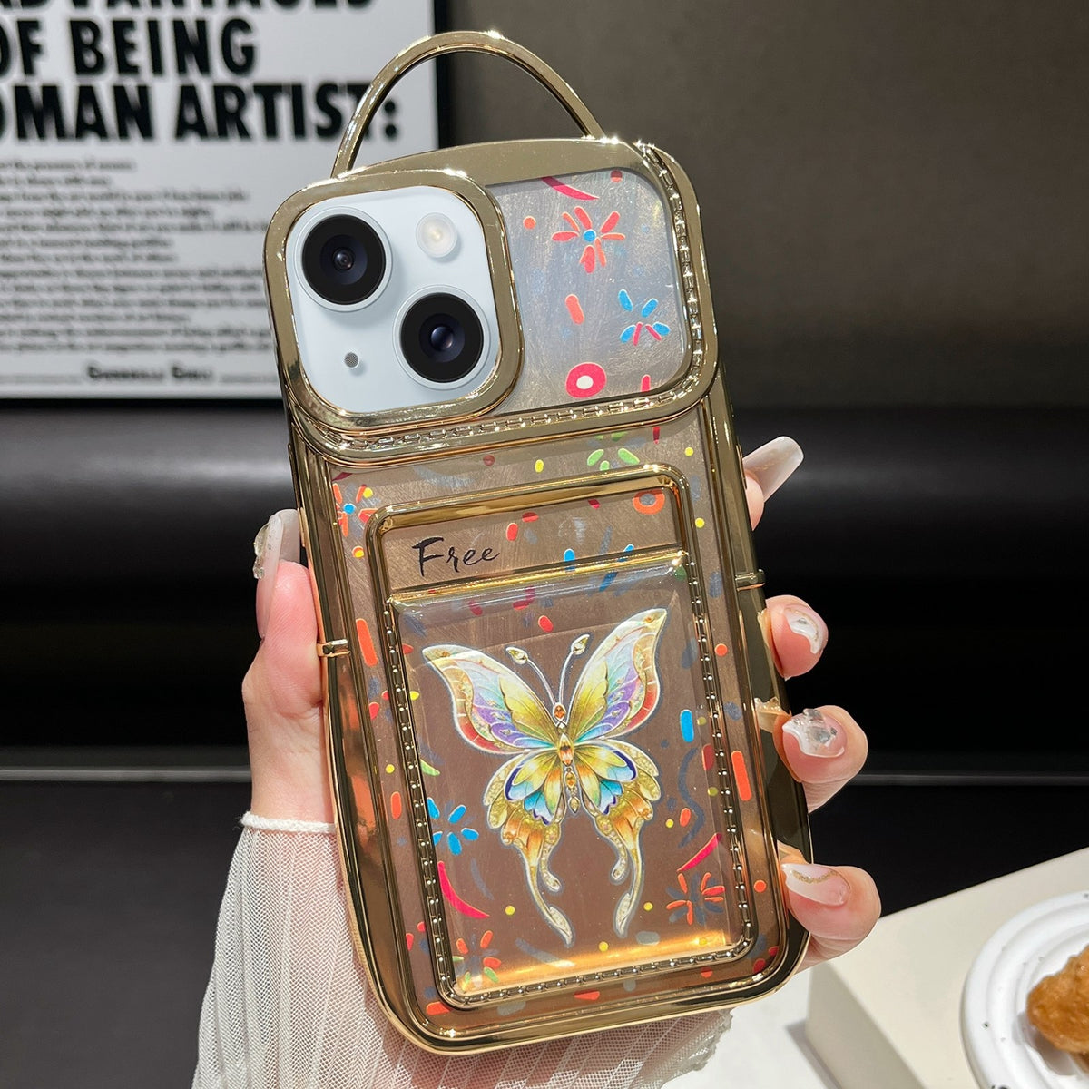 ELECTROPRIME For iPhone 15 Electroplated Card Slot Laser Butterfly Cardboard TPU Phone Case(Gold)