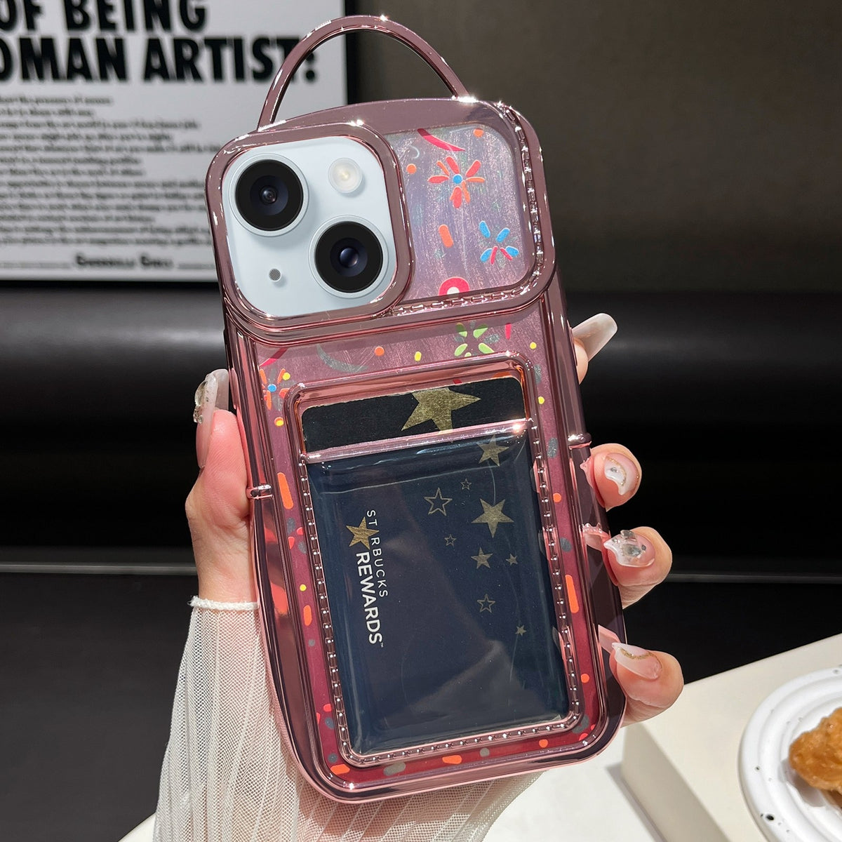 ELECTROPRIME For iPhone 15 Electroplated Card Slot Laser Butterfly Cardboard TPU Phone Case(Pink)