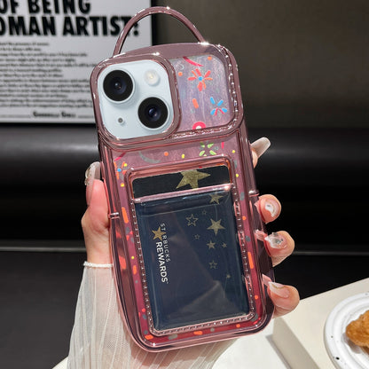 ELECTROPRIME For iPhone 15 Electroplated Card Slot Laser Butterfly Cardboard TPU Phone Case(Pink)