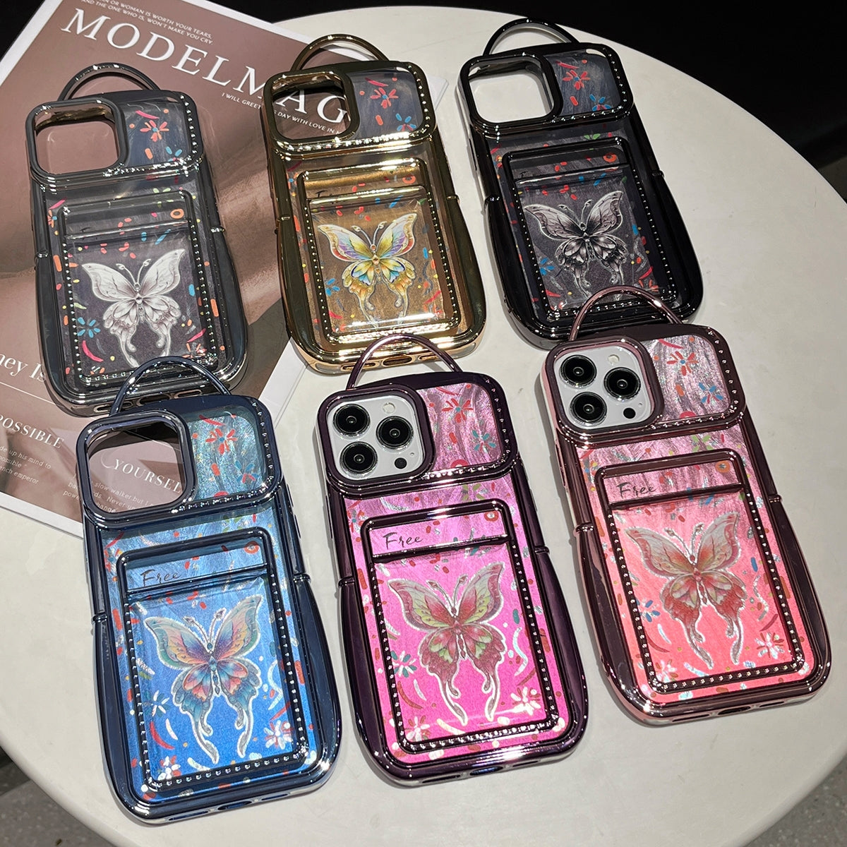 ELECTROPRIME For iPhone 15 Plus Electroplated Card Slot Laser Butterfly Cardboard TPU Phone Case(Black)