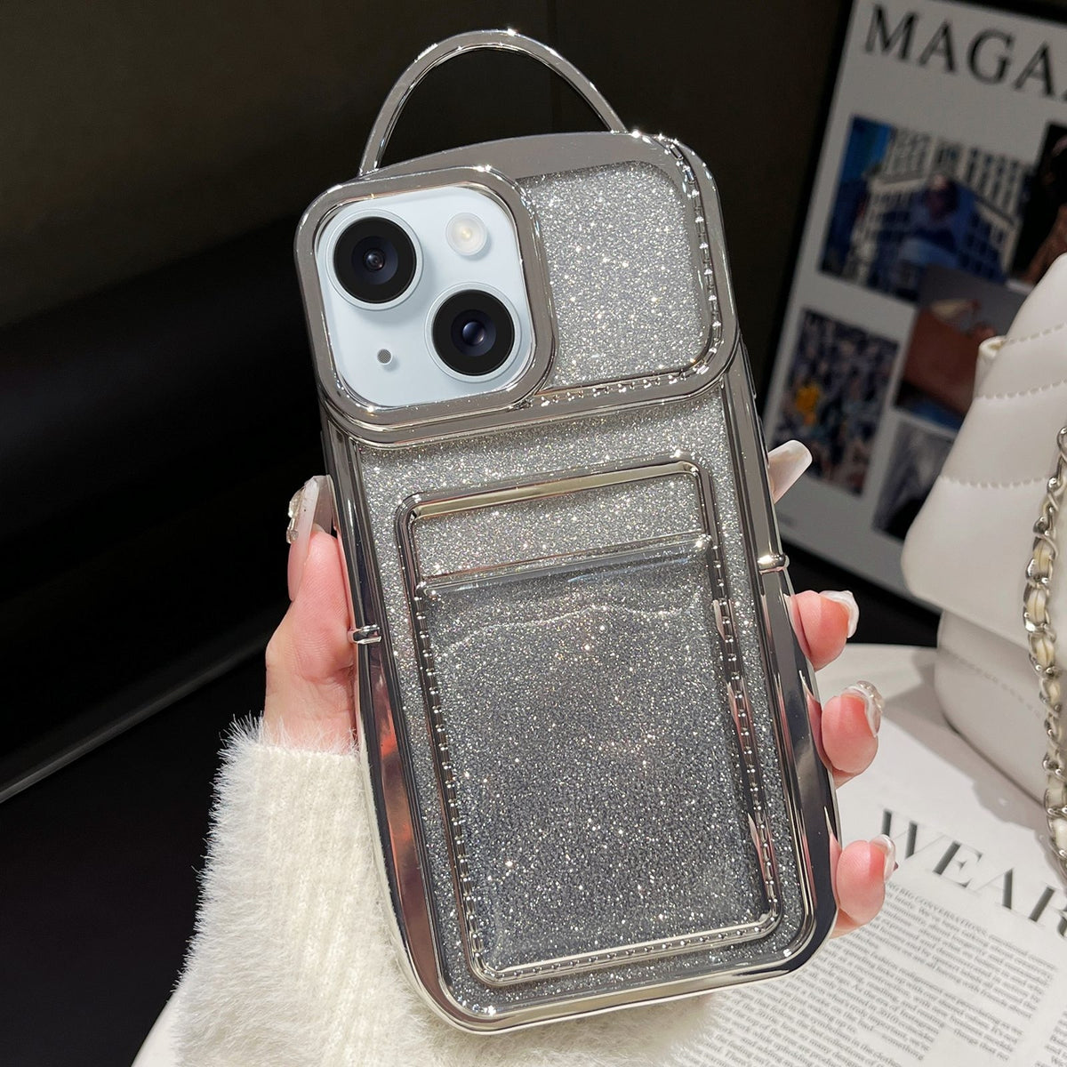 ELECTROPRIME For iPhone 15 Electroplated Card Slot Gradient Glitter Paper TPU Phone Case(Silver)