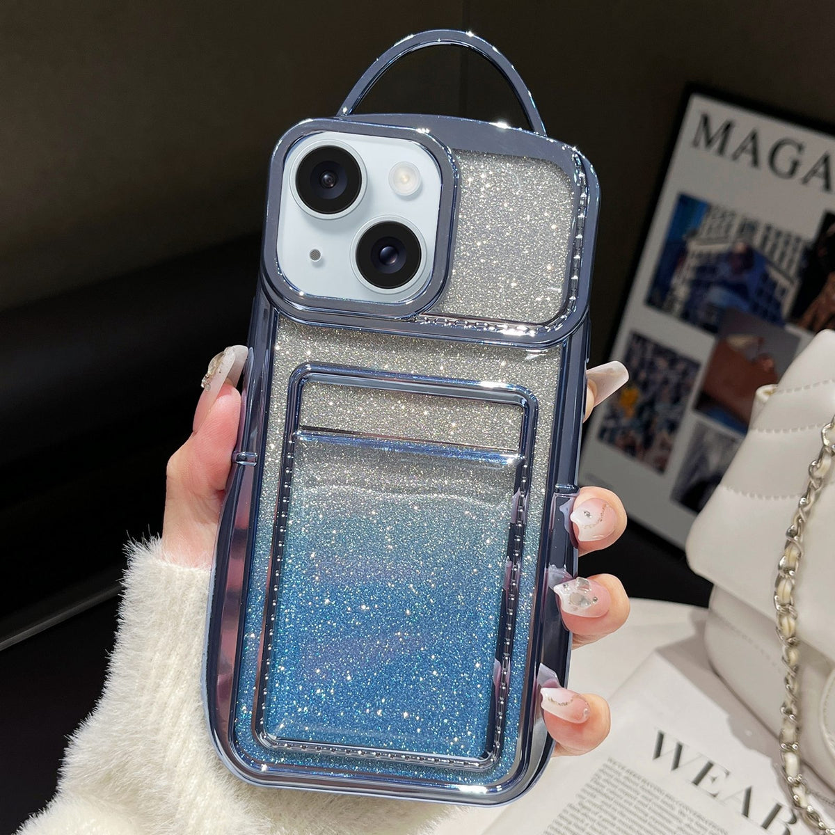 ELECTROPRIME For iPhone 15 Electroplated Card Slot Gradient Glitter Paper TPU Phone Case(Blue)