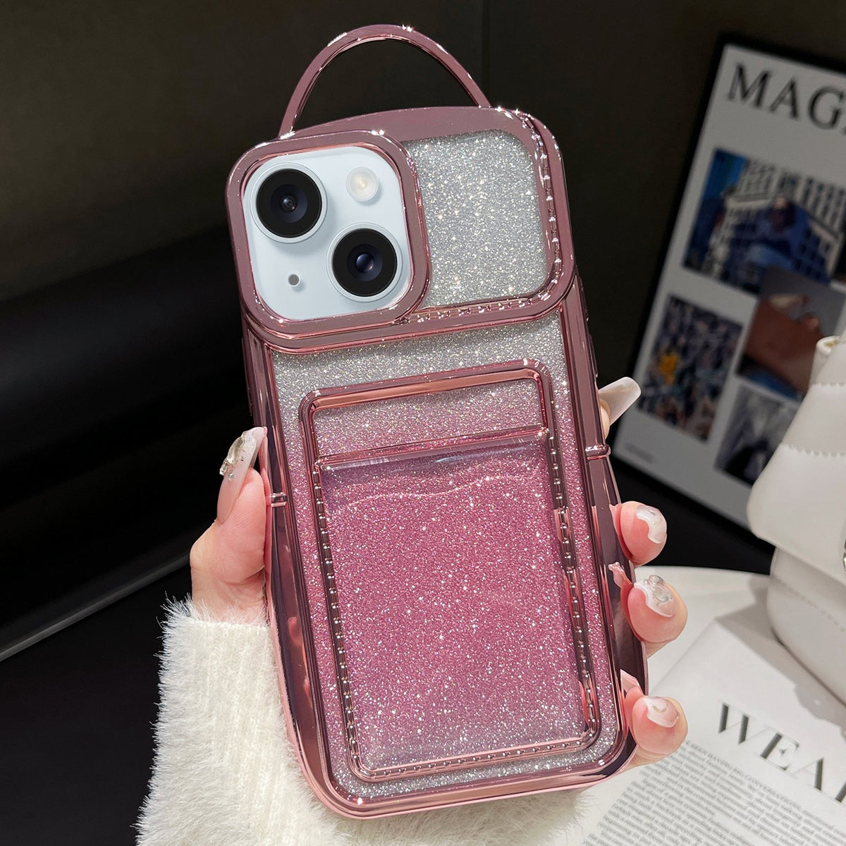 ELECTROPRIME For iPhone 15 Electroplated Card Slot Gradient Glitter Paper TPU Phone Case(Pink)