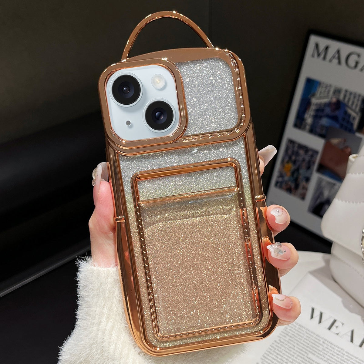 ELECTROPRIME For iPhone 15 Electroplated Card Slot Gradient Glitter Paper TPU Phone Case(Gold)