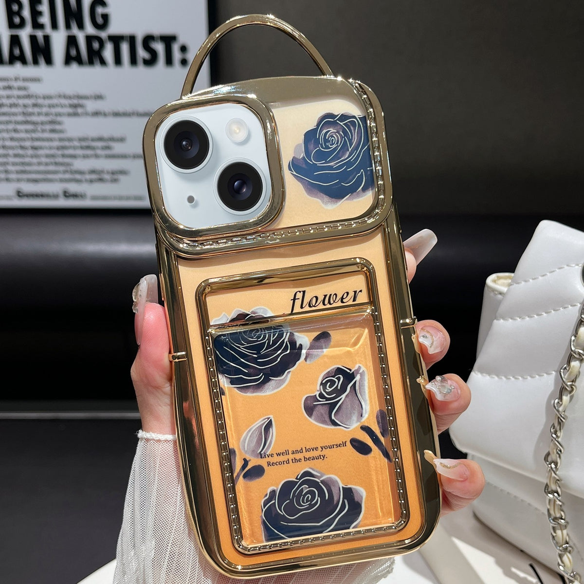 ELECTROPRIME For iPhone 15 Electroplated Card Slot Laser Rose Cardboard TPU Phone Case(Gold)