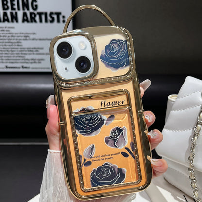 ELECTROPRIME For iPhone 15 Electroplated Card Slot Laser Rose Cardboard TPU Phone Case(Gold)