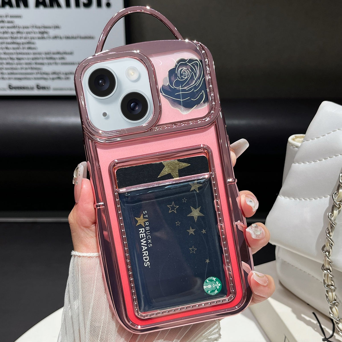 ELECTROPRIME For iPhone 15 Electroplated Card Slot Laser Rose Cardboard TPU Phone Case(Pink)