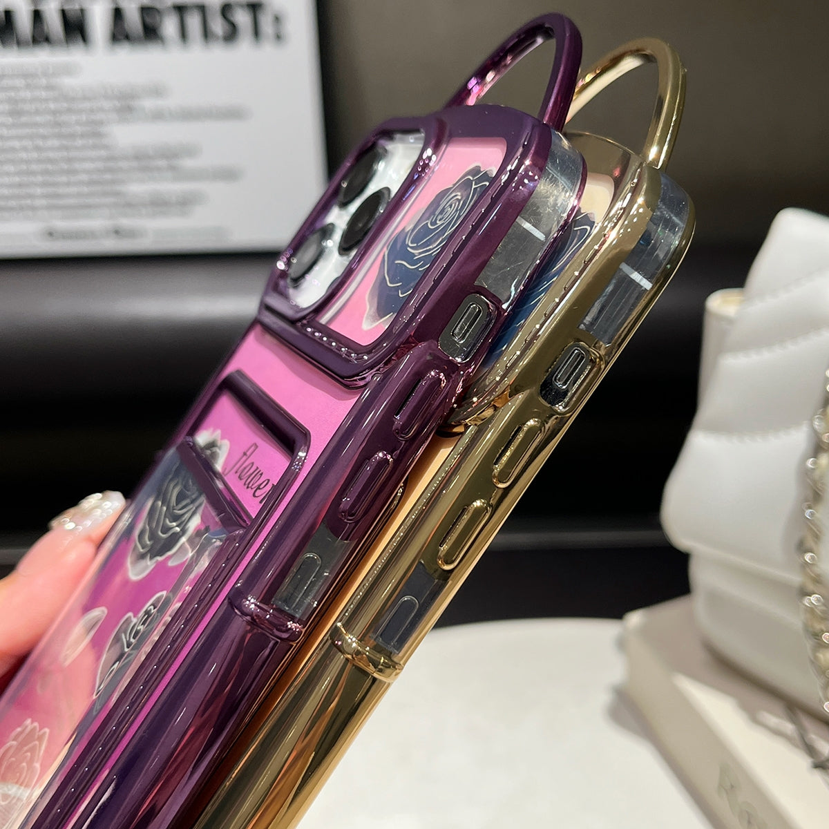 ELECTROPRIME For iPhone 15 Plus Electroplated Card Slot Laser Rose Cardboard TPU Phone Case(Purple)