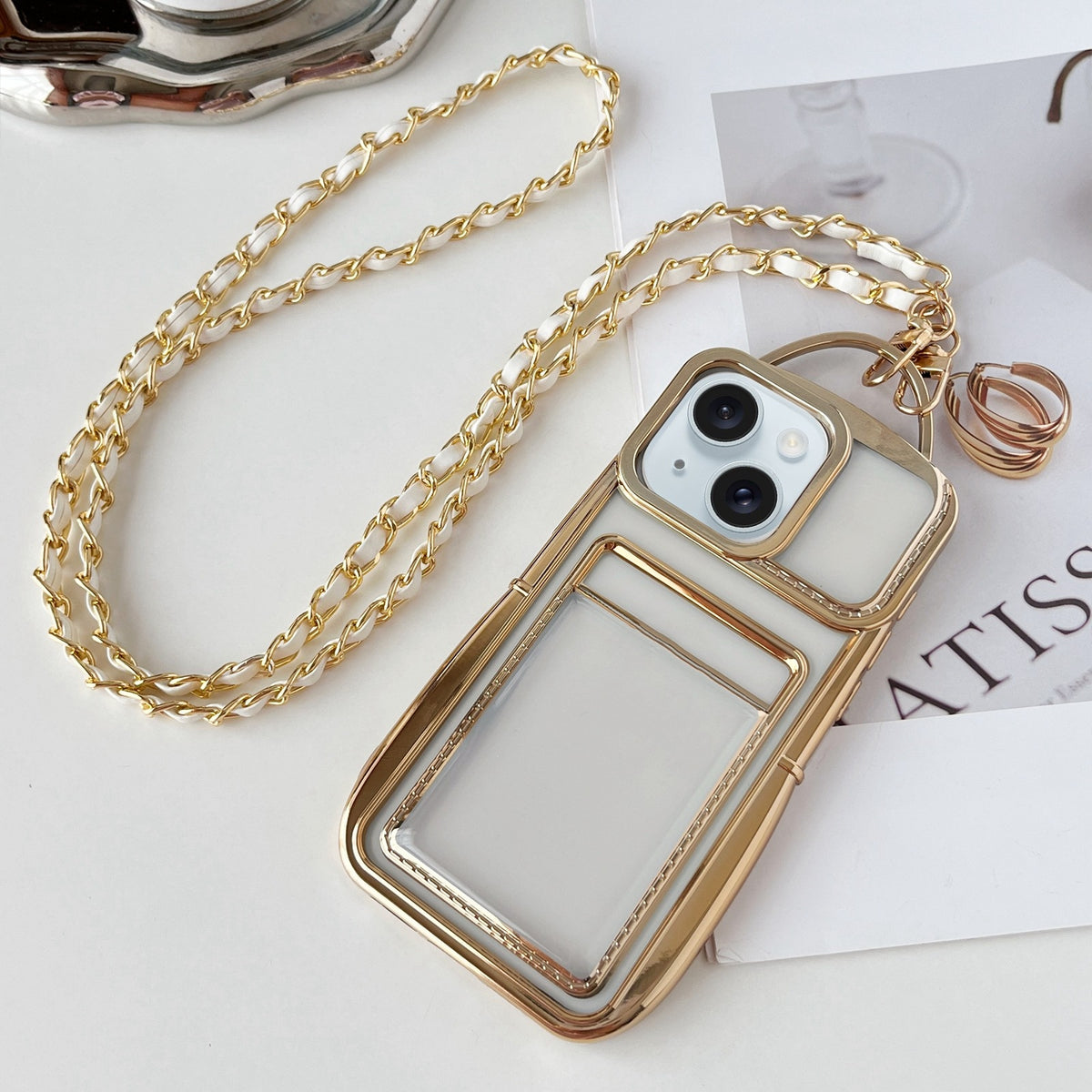ELECTROPRIME For iPhone 15 Electroplated Clear Card Slot TPU Phone Case with Crossbody Chain(Gold)
