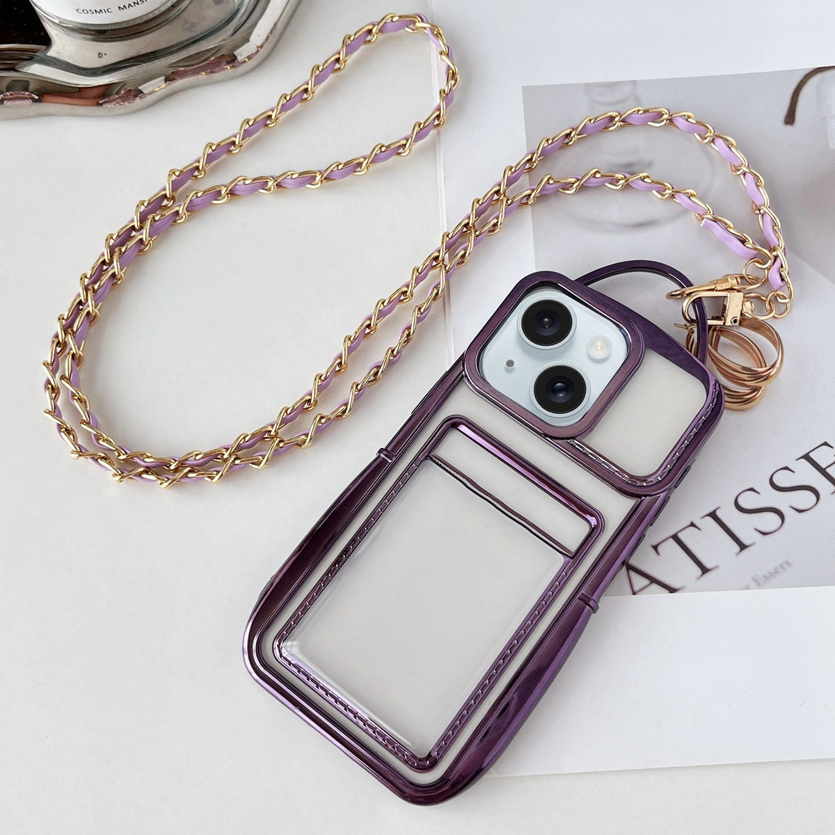 ELECTROPRIME For iPhone 15 Electroplated Clear Card Slot TPU Phone Case with Crossbody Chain(Purple)