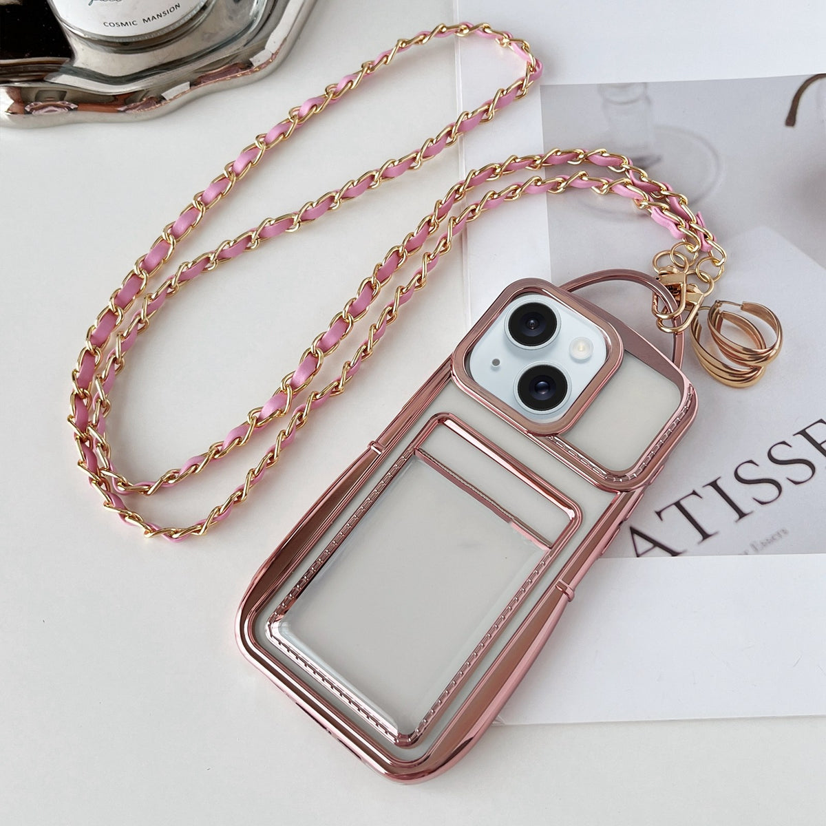 ELECTROPRIME For iPhone 15 Electroplated Clear Card Slot TPU Phone Case with Crossbody Chain(Pink)