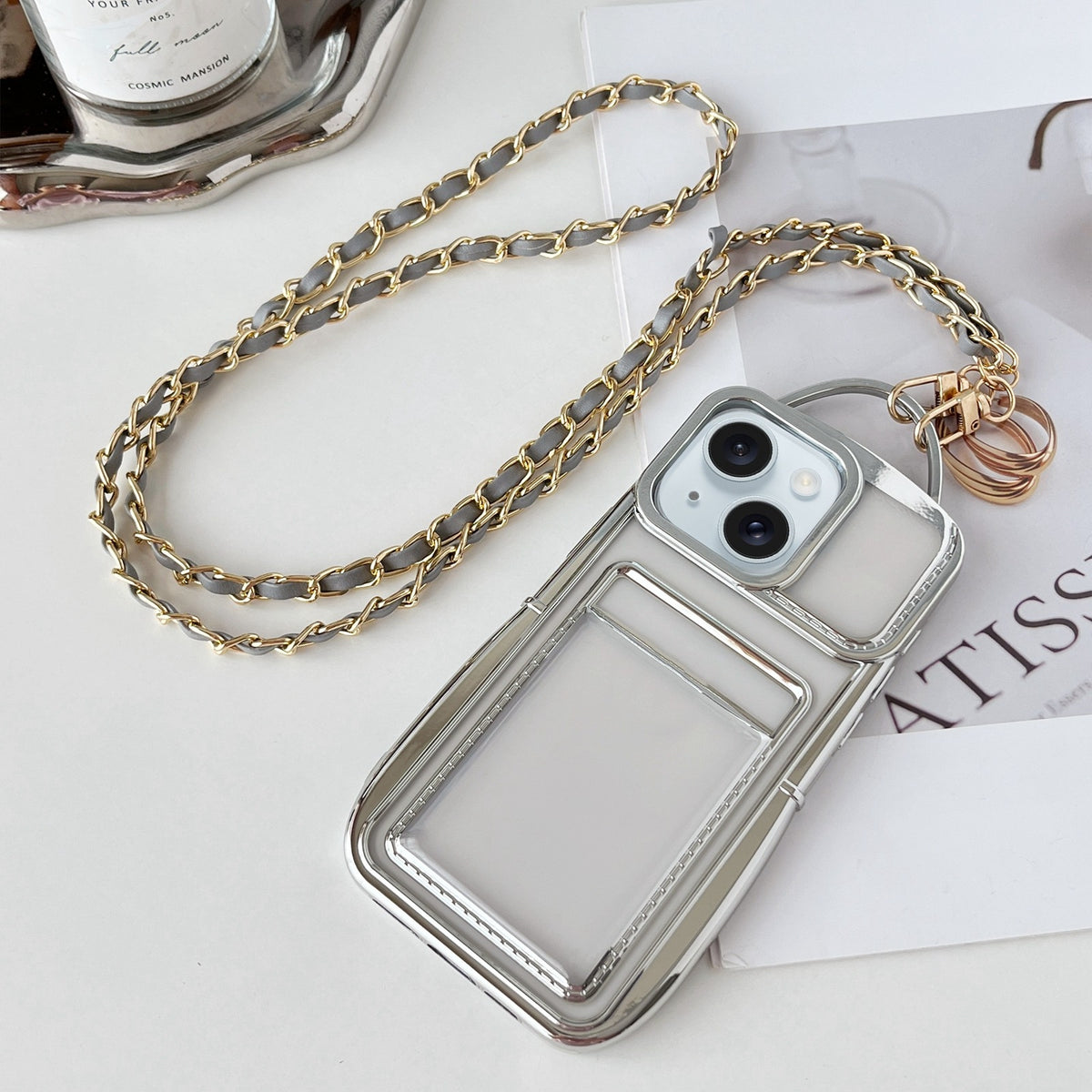 ELECTROPRIME For iPhone 15 Electroplated Clear Card Slot TPU Phone Case with Crossbody Chain(Silver)
