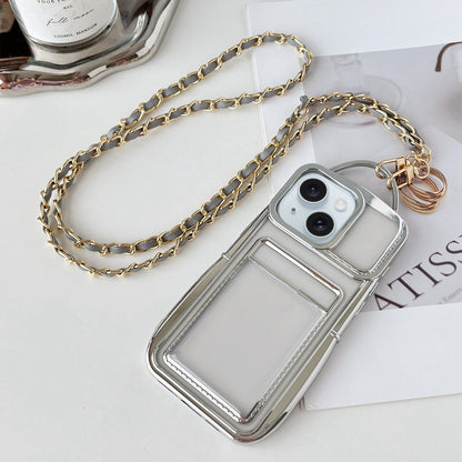 ELECTROPRIME For iPhone 15 Electroplated Clear Card Slot TPU Phone Case with Crossbody Chain(Silver)
