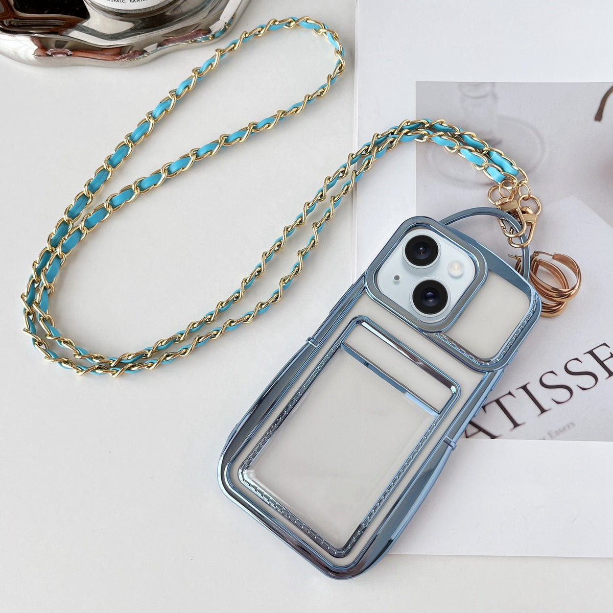 ELECTROPRIME For iPhone 15 Electroplated Clear Card Slot TPU Phone Case with Crossbody Chain(Blue)