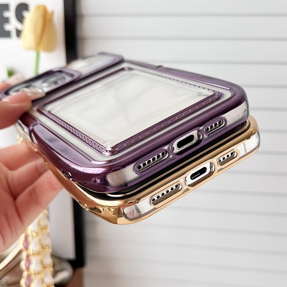 ELECTROPRIME For iPhone 15 Electroplated Clear Card Slot TPU Phone Case with Crossbody Chain(Purple)