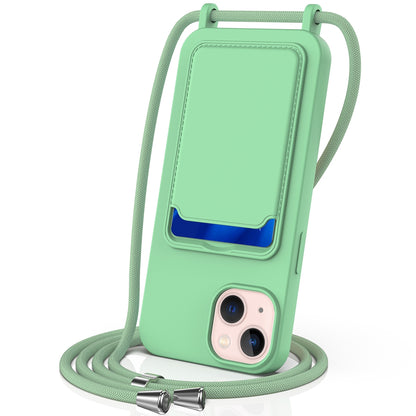 ELECTROPRIME For iPhone 15 Plus Integrated Card Bag Solid Color Liquid Silicone Phone Case with Lanyard(Green)