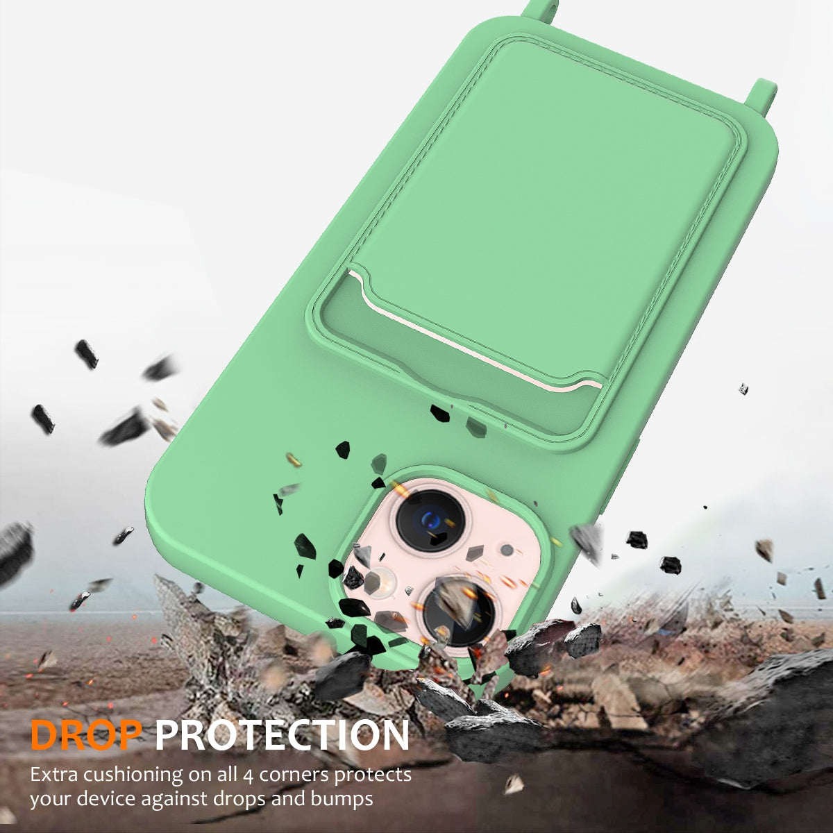 ELECTROPRIME For iPhone 15 Plus Integrated Card Bag Solid Color Liquid Silicone Phone Case with Lanyard(Green)