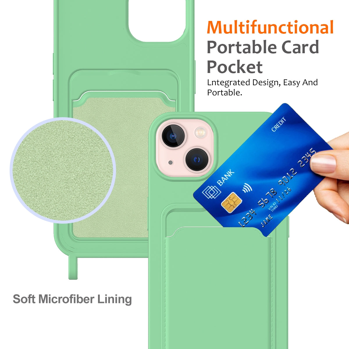 ELECTROPRIME For iPhone 15 Plus Integrated Card Bag Solid Color Liquid Silicone Phone Case with Lanyard(Green)