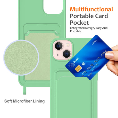 ELECTROPRIME For iPhone 15 Plus Integrated Card Bag Solid Color Liquid Silicone Phone Case with Lanyard(Green)