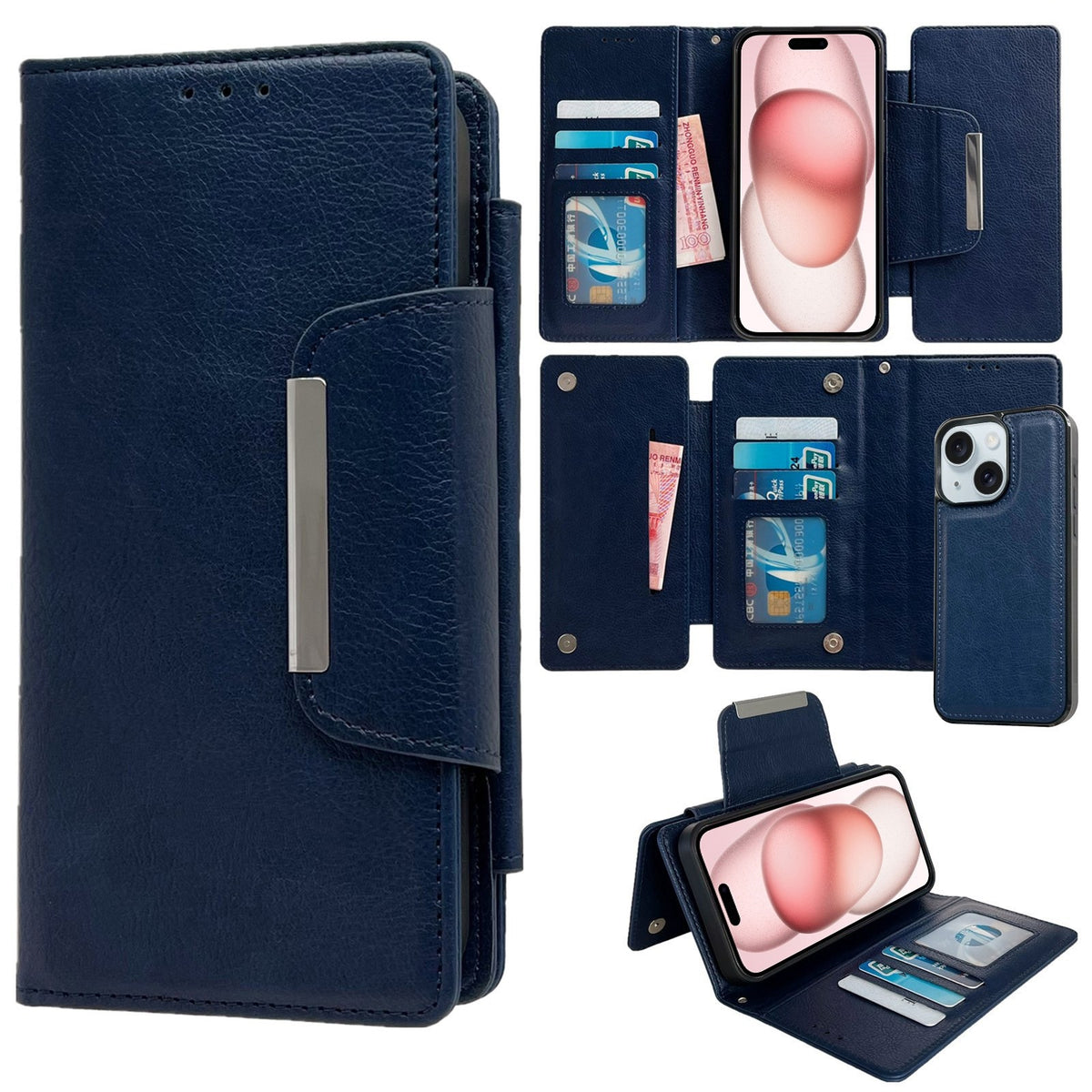 ELECTROPRIME For iPhone 15 Multifunctional Seven Cards Wallet Leather Phone Case(Royal Blue)