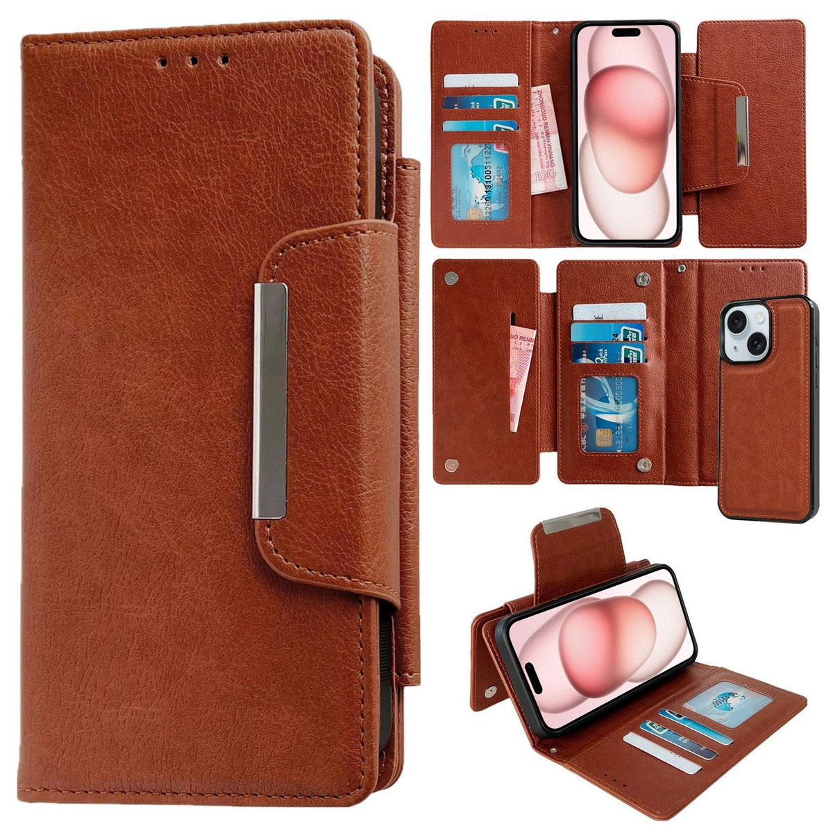 ELECTROPRIME For iPhone 15 Multifunctional Seven Cards Wallet Leather Phone Case(Brown)