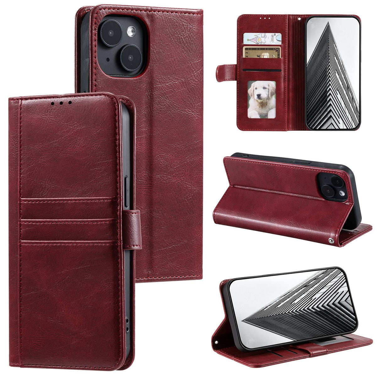 ELECTROPRIME For iPhone 15 Plus Simple 6-Card Wallet Leather Phone Case(Wine Red)