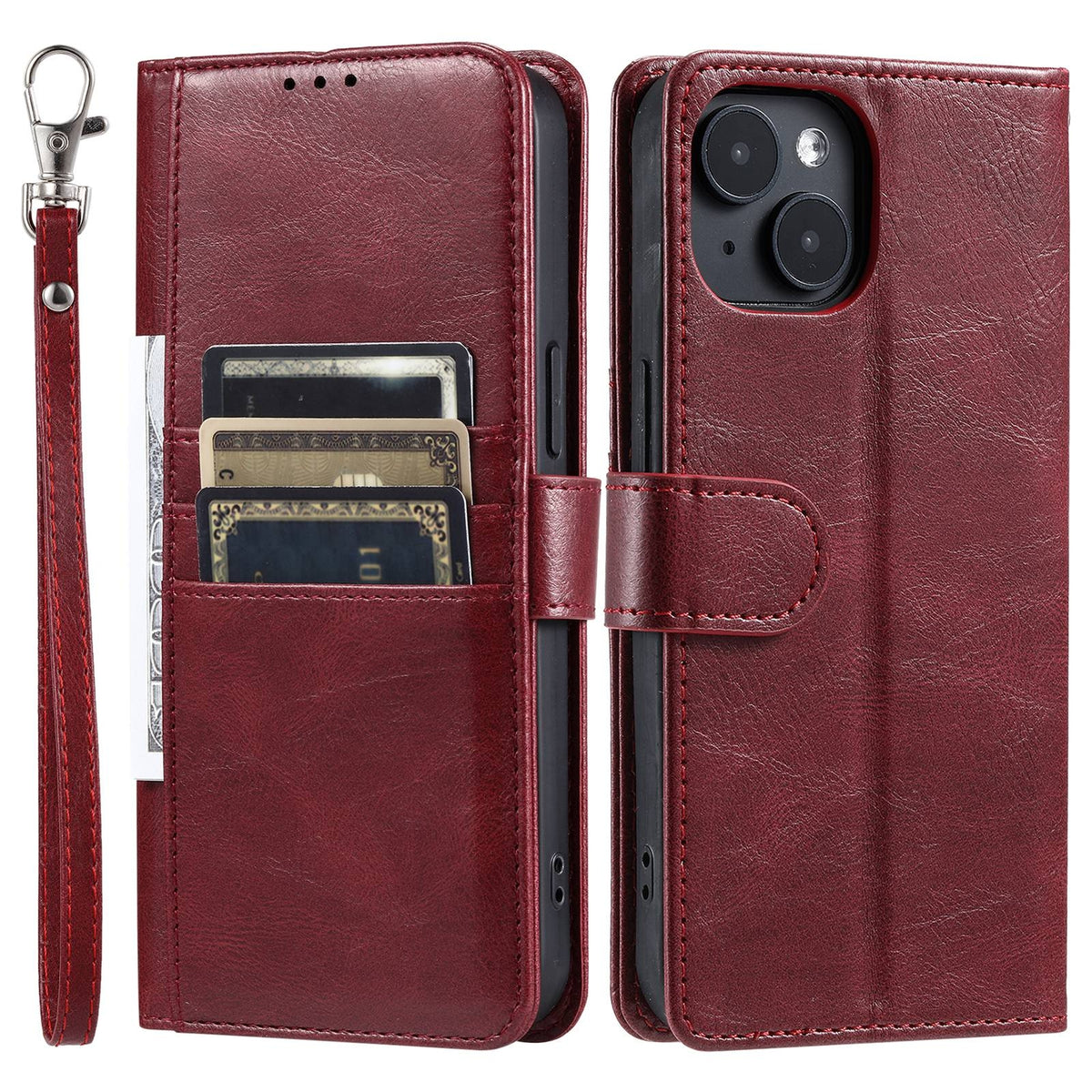 ELECTROPRIME For iPhone 15 Simple 6-Card Wallet Leather Phone Case(Wine Red)