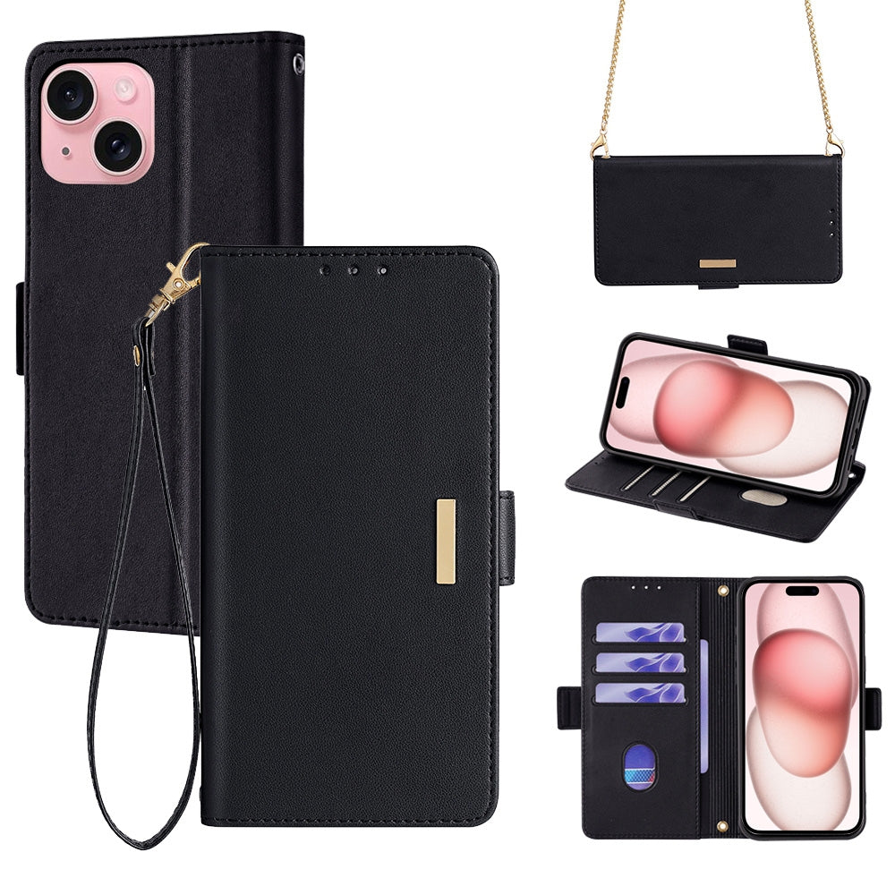 ELECTROPRIME For iPhone 15 Plus Crossbody Chain Leather Phone Case(Black)