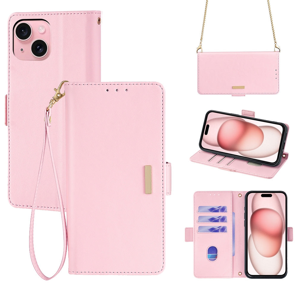 ELECTROPRIME For iPhone 15 Crossbody Chain Leather Phone Case(Pink)
