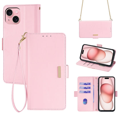 ELECTROPRIME For iPhone 15 Crossbody Chain Leather Phone Case(Pink)
