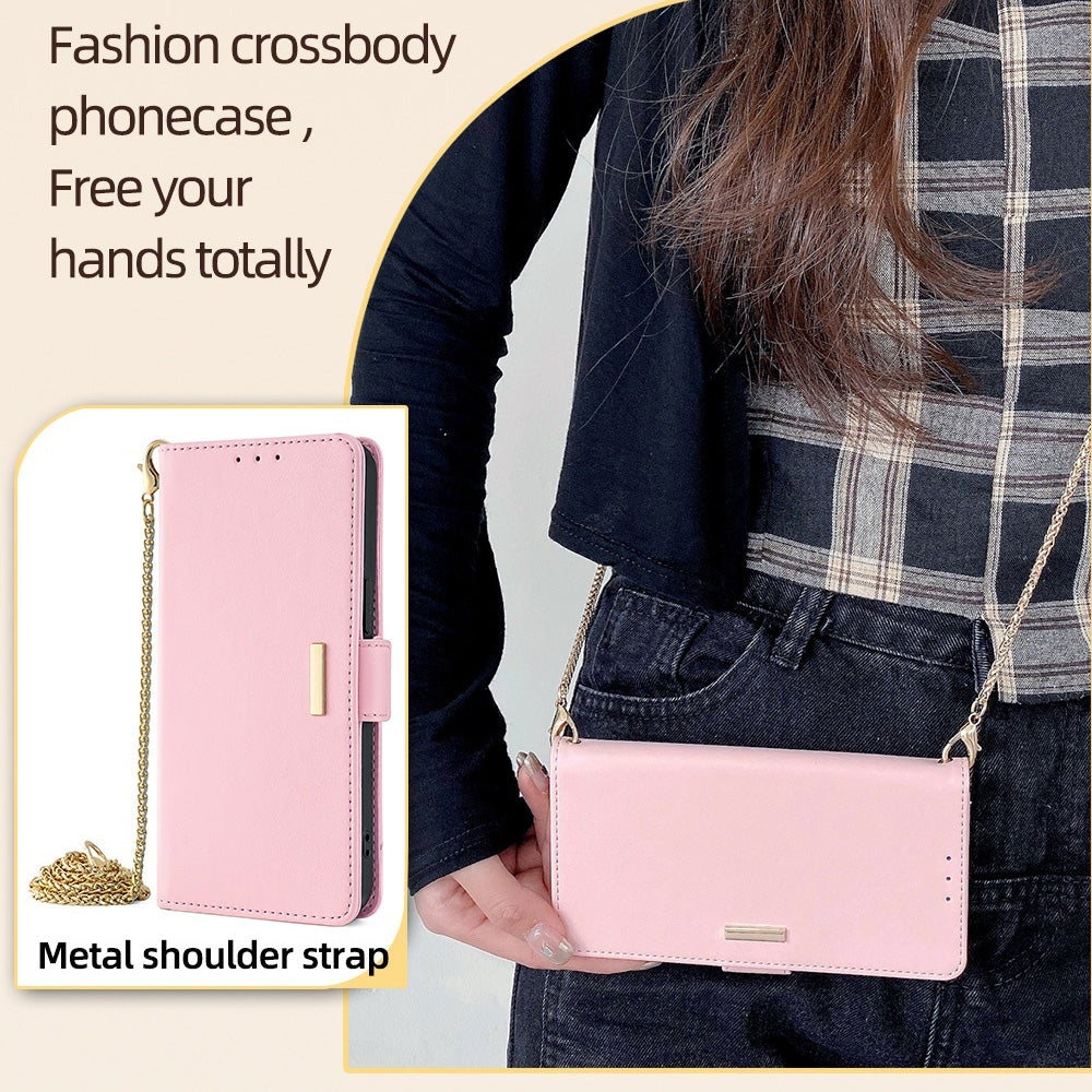 ELECTROPRIME For iPhone 15 Crossbody Chain Leather Phone Case(Pink)