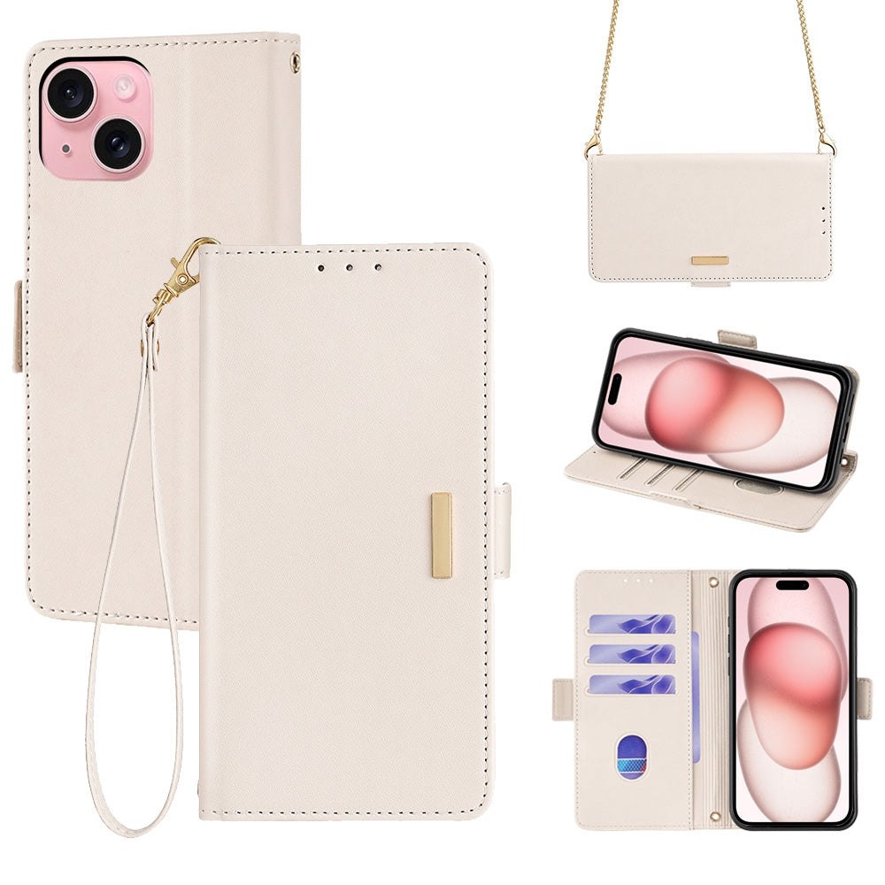 ELECTROPRIME For iPhone 15 Crossbody Chain Leather Phone Case(White)