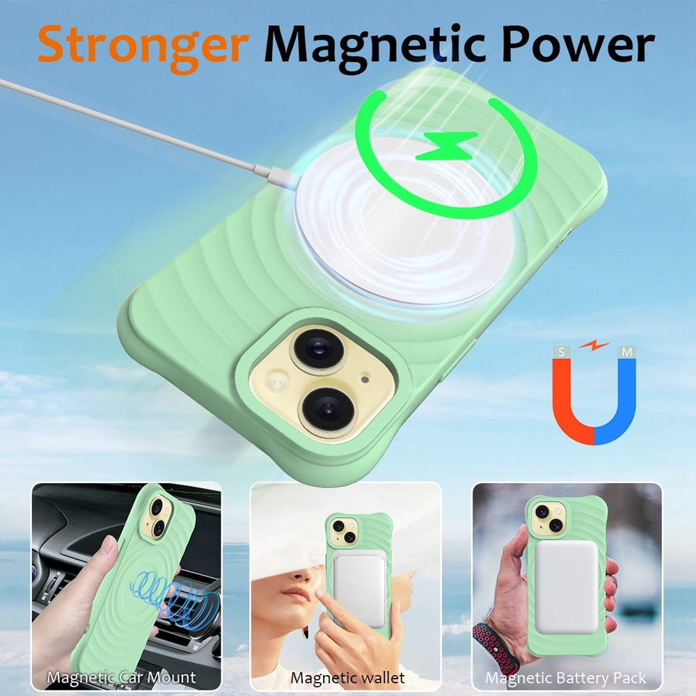 ELECTROPRIME For iPhone 15 Plus Wave Texture MagSafe Magnetic Liquid Silicone Phone Case(Green)