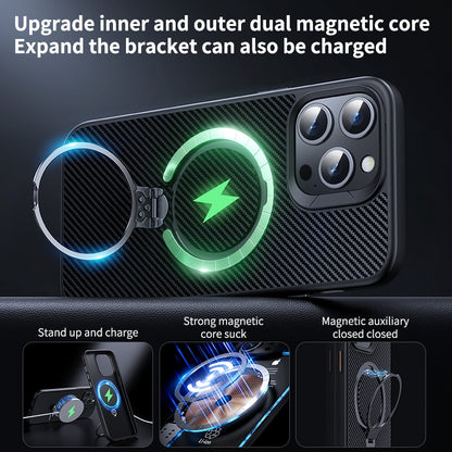 ELECTROPRIME For iPhone 15 Plus / 14 Plus Double Ring MagSafe Holder Carbon Fiber Phone Case(Silver)